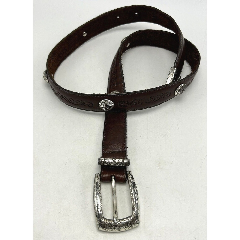 Brighton Belt Women Small 28 Concho Brown Leather Silver Made USA Tooled 1" Read